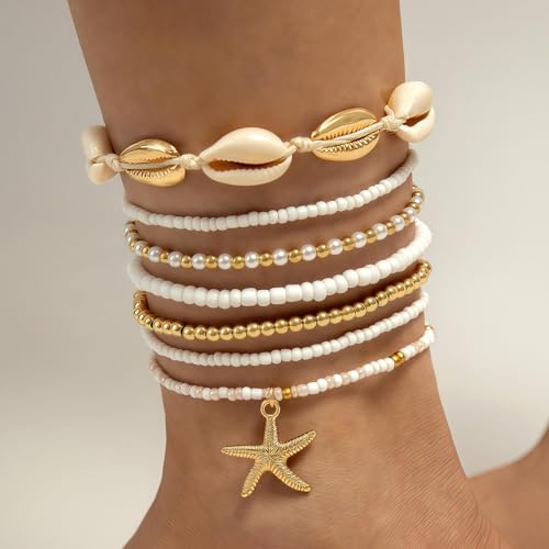 Image of Qceasiy Bead Ankle Bracelets Set For Women, Adjustable Gold Plated Boho Shell Anklet, Hawaiian Beach Seashell Pearl Disc Starfish Conch Foot Jewelry, Summer Fashion Gifts