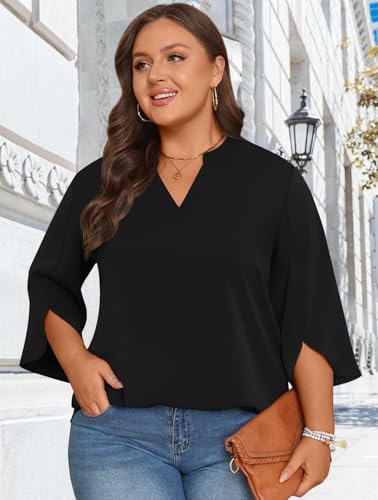 Women Blouses Dressy Casual 3/4 Sleeve Tops Business Work Chiffon Office V Neck Shirts M-3XL2