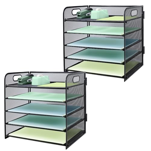 Paper Letter Tray with Handle, 5 Tier Metal Mesh Desk File Organizer, A4 Paper Desktop Filing Trays
