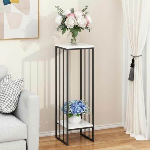 EDEUEQUE Wrought Metal Pedestal Planter Stand 22 Inch Two Tier Compact Corner Flower Pots Holder with MDF Shelving End Table indoor-outdoor for garden patio terrace, living room Décor (Black & White)