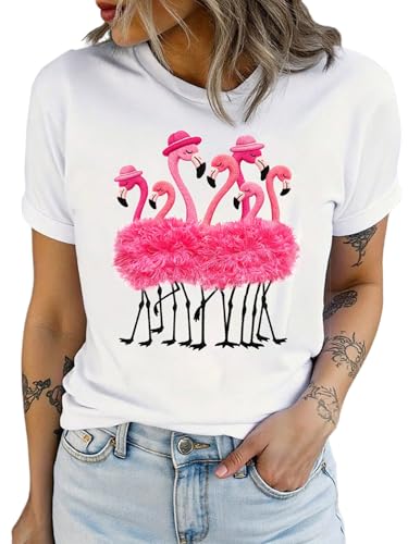 SOLY HUX Womens Graphic T-Shirts Short Sleeve Flamingo Shirt Casual Crew Neck Tees White Graphic Small