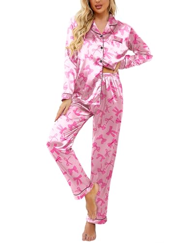 Image of Ekouaer Womens Satin Pajama Set Classic Pattern Silky Pj Sets Button Down Sleepwear Loungewear