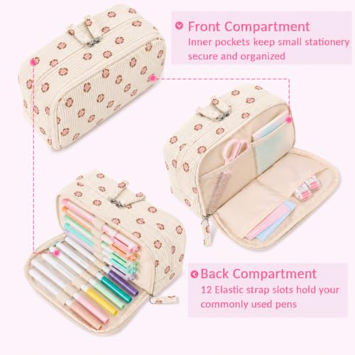 Image of Sooez Big Capacity Pencil Case Pen Pouch, Soft Corduroy Pencil Bag with 3 Compartment, Multiple Pockets, Sturdy Zipper, Cute School Supplies Pen Bag Organizer For Teen Girls-Pink Leopard Print
