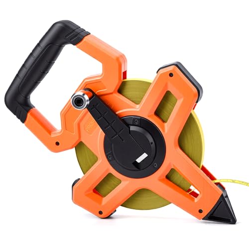 Saysurey 200ft/61m Open Reel Long Tape Measure, 1/2' Nylon-Coated Steel Blade, Dual Inch/Metric Scales, ABS Impact-Resistant Case for Construction, Surveying, Orange