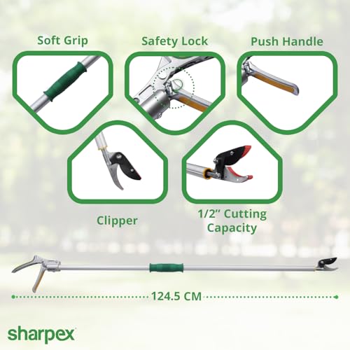 Image of Sharpex Heavy Duty 4.4 Feet Long Reach Pruner Aluminum Cut and Hold Pruner For Tree Branch Cutter & Trimming, Cutting Leaves, Fruit Picker | Cut Up to 2 Inch & Hold Easy Garden Pruning Tool