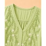 rieka womens embroidered korean style top and tunic v neck floral thread embroidery three quarter puff sleeves relaxed fit curved hem casual everyday fusion top