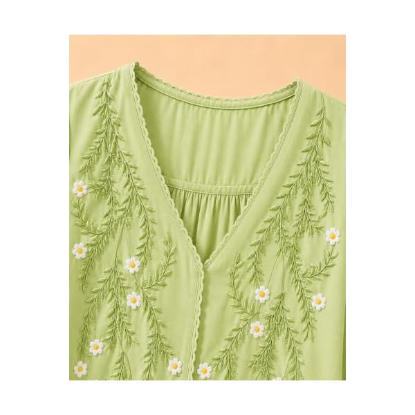 rieka womens embroidered korean style top and tunic v neck floral thread embroidery three quarter puff sleeves relaxed fit curved hem casual everyday fusion top