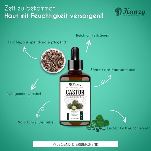 Kanzy Rizinusöl Kaltgepresst 100% Rein, 50ml Castor Oil for Hair Growth Natürlich Rizinus Öl für Körper, Haare, Nägel, Wimpern, Augenbrauen – Ansicht 2