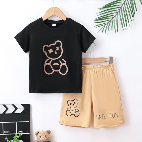Image of KIDLAGA Kids Toddler Boy Clothes Outfits Bear Print Tee + Plaid Shorts 2 Pieces Summer Shorts Set
