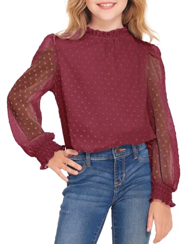 Image of Arshiner Girls Long Sleeve Shirts Chiffon Blouses Swiss Dot Frill Neck Top