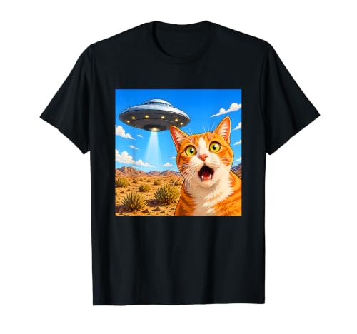 Funny Shocked Cat UFO Desert Alien Encounter Graphic T�V���c