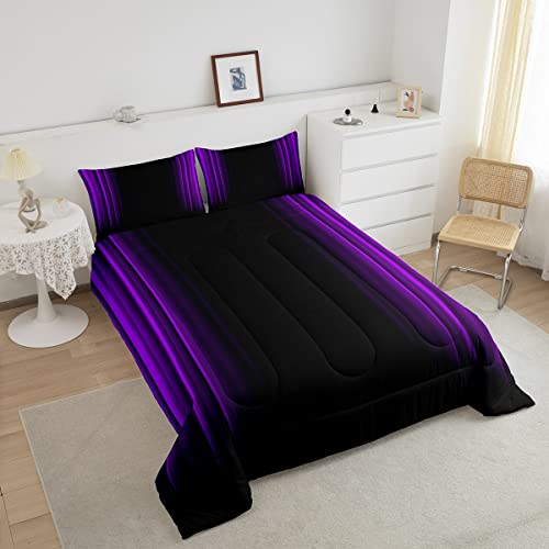Geometric Abstract Ombre Comforter Set Kids Teens Purple And Black Striped Bedding Bed Set Decor Modern Fashion Comforter Inner Fill Bedroom Collection 3Pcs Queen Size #TOP2