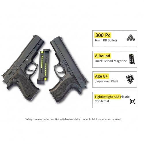 Image of Velinor Kids Air Soft Mouser Gun Set with 300 BB Bullets | Powerful Long Range Toy Pistol for Boys | Safe Outdoor Shooting and Police Action Play Pack of 2