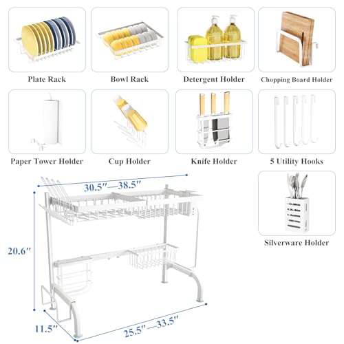 Image of Over The Sink Dish Drying Rack, Adjustable (25.5 to 33.5 Inch) 2 Tier for Kitchen Counter With Paper Towel and Cup Holder, Utensil and Chopping Board Holder, Sink Caddy Hooks, White
