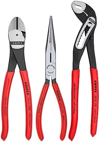 KNIPEX Tools 00 20 08 US1 Long Nose, Diagonal Cutter, and Alligator Pliers 3-Piece Tool Set, Red (Packaging May Vary)