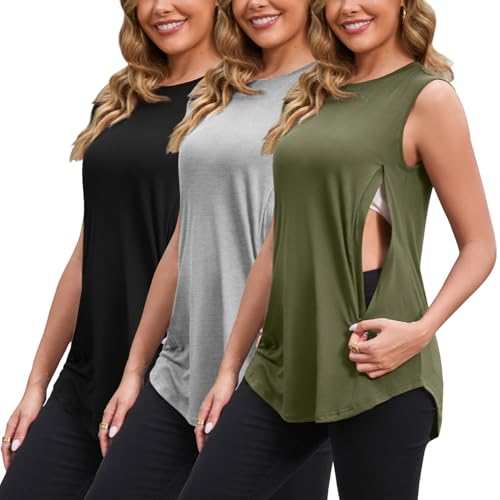 GINKANA Women's Maternity Nursing Tank Tops for Breastfeeding 3-Pack Loose Hem Nursing Camisole Summer Maternity Tank Tops,Grey/Black/Army Green,L