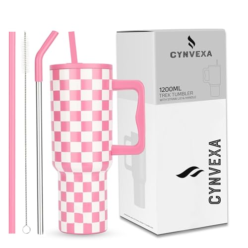Tumbler with lid and Straw 1200ML Cup Stainless Steel Vacuum Insulated Tumbler for Water, Iced Tea or Coffee 1.2L Office Gym Travelling (40-Oz-Pink Checks)