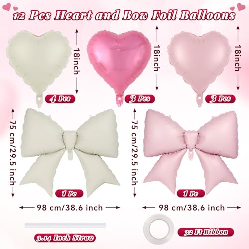 Image of 12 Pcs 18 Inch Heart Balloons and 38 Inch Bow Balloons, Large Foil Bow Heart Balloon Bow Party Decorations for Birthday Baby Shower Valentines Wedding Party
