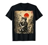 Samurai Cat Japanese Art Men Boys Funny Graphic Tee Anime T-Shirt
