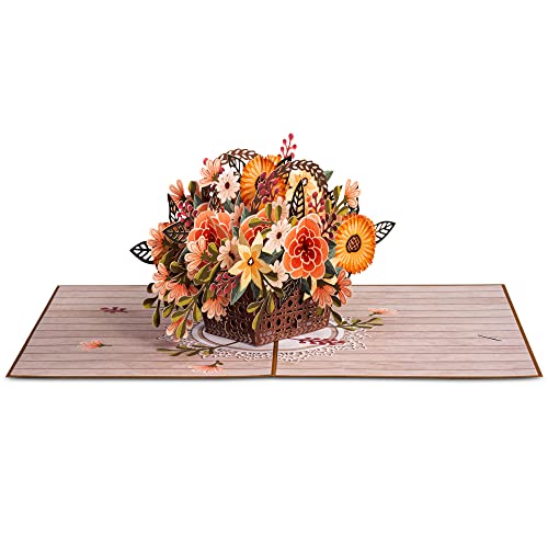 Paper Love Basket Of Rustic Flower 3D Pop Up Card, For Thanksgiving Fall, Winter, All Occasion - 5" X 7" Cover - Includes Envelope And Note Tag #TOP3