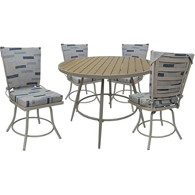 Pemberly Row 5-Piece Outdoor Patio Dining Set, 42 in Round Table, Powder-Coated Beige Metal Frame, Blue Beige Removable Cushions, Swivel Chairs, All Weather Fabric for Patio or Indoor Use