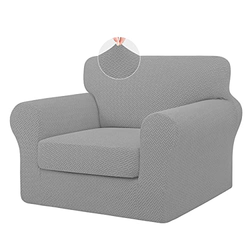 ISSUNTEX 2 Pieces High Stretch Thicken Chair Couch Covers, Soft Sofa Slipcover for 1 Separate Cushion Couch, Jacquard Fabric Elastic Sofa Cover Furniture Protector for Dogs (Chair, Light Gray)