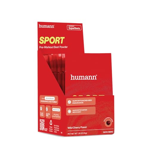 Image of Humann SuperBeets Sport Endurance Pre Workout Powder, Nitric Oxide Supplement, Stimulant & Caffeine Free, Made with Beet Root, Wild Cherry, 10 Count Packets