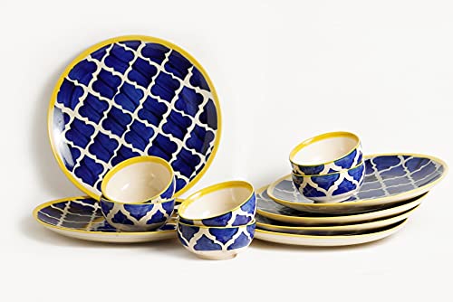 Image of Freakway Premium Moroccan Hand Glazed Dinner Set of 12 Pieces for Dinner with Bowls | 6 Dinner Plates and 6 Serving Bowl /katori | Microwave & Dishwasher Safe - Blue
