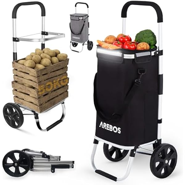 Arebos Wózek na zakupy 3w1 | wózek duży 56 litrów | z komorą chłodzącą | torba na zakupy na kółkach | składany shopper | składana torba odczepiana | wózek ręczny | czarny