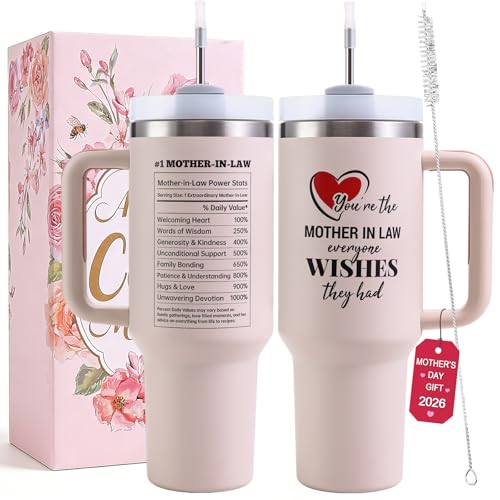 VoziSpace Mother in Law Tumbler with Handle 40oz Mothers Day Gift - Best Funny Mother in Law Mug Gifts for Birthday Mothers Day, Wedding, Valentines, Christmas