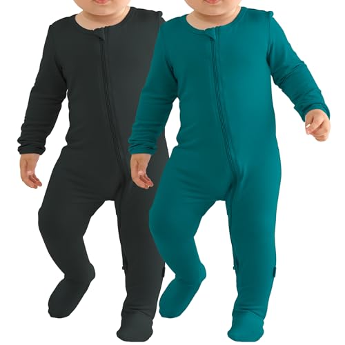 Image of Ekkimy Baby Bamboo Rayon Romper Infant Footies Long Sleeve Double Zipper Outfits 2-Pack One-Piece Jumpsuits