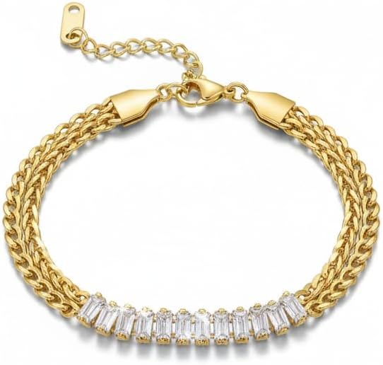 18K Gold Plated Chain Bracelet for Women – Adjustable Layered Link Bracelet in Stainless Steel with Zircon Crystals – Dainty Chunky Gold Jewelry – Fashion Accessories Gift for Her, Wife, Mom