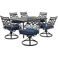 Hanover Montclair 7-Piece Outdoor Dining Set with 6 Swivel Rockers, Navy Blue Cushions and Stamped Steel Rectangular Dining Table, Patio Dining Set for 6, Premium All-Weather Patio Furniture for Deck