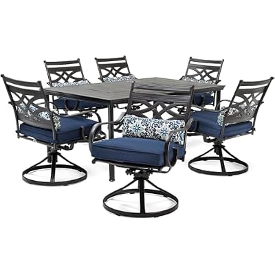 Hanover Montclair 7-Piece Outdoor Dining Set with 6 Swivel Rockers, Navy Blue Cushions and Stamped Steel Rectangular Dining Table, Patio Dining Set for 6, Premium All-Weather Patio Furniture for Deck