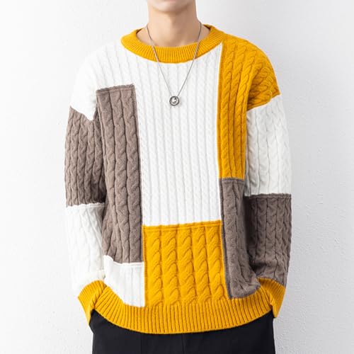 Cable Knit Crewneck Sweater for Men Casual Patchwork Pullover Thick Knitted Jumper Long Sleeve Fall Winter Top2