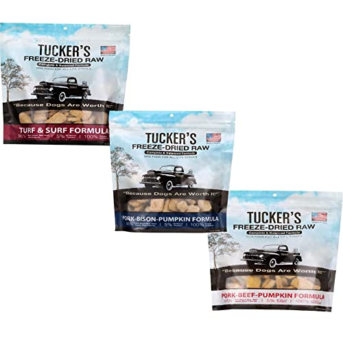 Tucker's Freeze Dried Raw Dog Food 3 Bag Bundle, Turf & Surf 14Oz, Pork/Bison/Pumpkin 14Oz, & Pork/Beef/Pumpkin 14Oz #TOP14