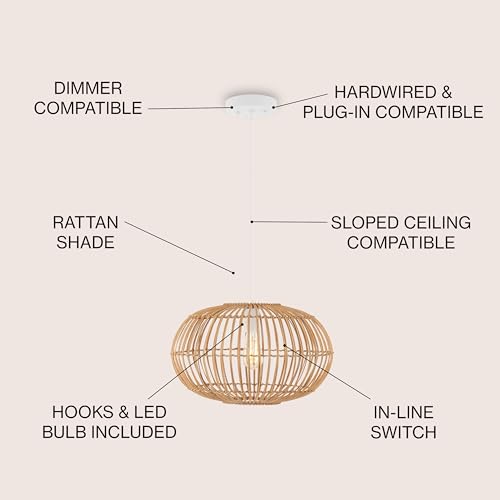 JONATHAN Y 17.5" Brown 1-Light Rattan Pendant Light, Plug-in or Hardwired Swag Lamp with 180" Cord, Boho Coastal Fixture for Kitchen Dining Room, LED Bulb Included JYL1402A - Image 3