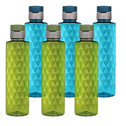 FLAIR 1000ml PET Water Bottles – Set of 6, Leak-Proof & Reusable Plastic Bottles for Fridge, Home, Office (Blue/Green, Set of 6, Forever)