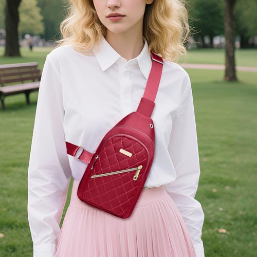 Mochila tiracolo para homens e mulheres, mochila de peito com alça ajustável e bolso com zíper para viagem, caminhada, academia, Vermelho, Small