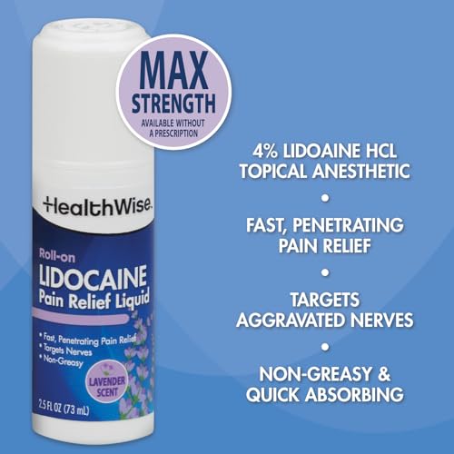 HealthWise 4% Lidocaine Roll-On | Soothing Lavender Scent | OTC Strength | Pain Relief Liquid | 2.5 oz. 73 mL | Topical Anesthetic