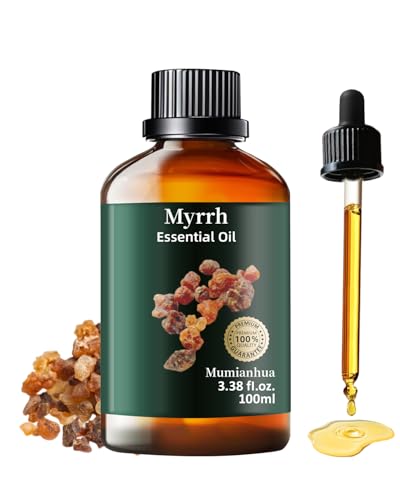 Aceite Esencial de MIRRA Pura, Mumianhua - Grado Terapéutico Aceite de Mirra Natural Piel, Aromaterapia, Barba, Velas Artesanales, Limpieza Hogar y Purificador de Aire - 100ml