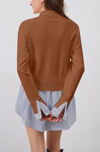 Image of Women Turtleneck Long Sleeve Sweater Patchwork Button Down Striped High Low Hem Shirt Vinatge Pullover Top Brown
