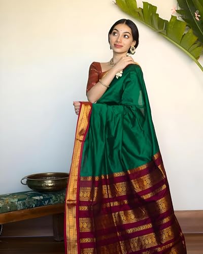 Image of ILAIYAAL CLOTHINGS Women's Kanjivaram Cotton Silk Saree South Indian Paithani Sari | gadwal cotton sarees with Zari Border and Blouse Piece - Suitable For All Indian Occasions and Festivals 191