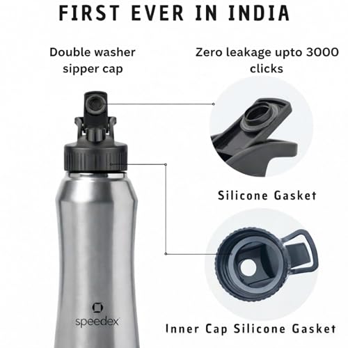 Image of Speedex Stainless Steel Water Bottle 1 Ltr, Leak Proof Sipper Cap, BIS Approved 1000 ml Metal Bottle For Daily, Office, School, Gym, Travel Use for Men, Women, Kids, Adults, Silver, Set of 4