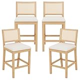 Westice Rattan Bar Stools Set of 4, 26' Farmhouse Counter Height Stools with Natural Rattan Back and Wood Frame, Upholstered Line Fabric Seat Cushion, Wooden Stools for Kitchen Island/Pub, Natural