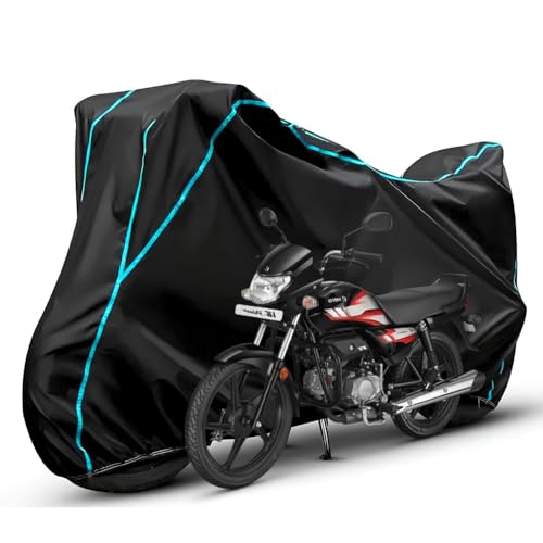 Image of Waterproof Bike Body Cover Compatible with Hero Hf Duluxe Dustproof Scratchproof - Motorcycle Cover for Two Wheeler, Outdoor Full Cover with UV, Duty, Rain Protection (Black & Aqua)