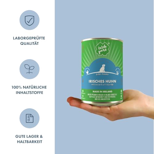 Irish Pure Premium Junior Nassfutter für Hunde | 6 x 390g | irisches-Huhn | Vitamine | Getreidefrei | Sensitiv | mit Superfood Kelp-Alge | Nassfutter für alle Rassen