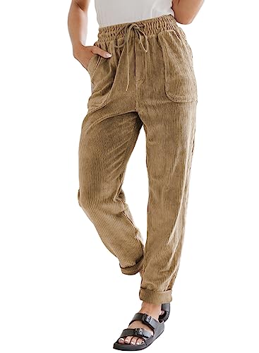 EVALESS Corduroy Pants for Women Petite Casual Drawstring Elastic High Waist Straight Leg Pants Spring 2026 Loose Comfy Trousers with Pockets Khaki Small