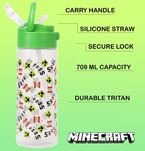Minecraft - Plastic Water Bottle With Straw - Green SSS - Video Game Kids Water Bottle - 700ml Gifts - Official Merchandise