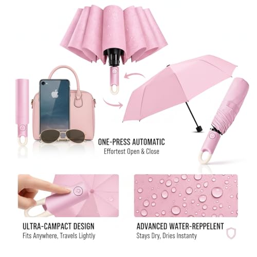 Image of Owme UV Umbrella for Women, Mini Folding Portable 3-Fold Umbrellas | Auto Open & Close for Rain and Sun Protection, Anti-Slip Handle | Windproof Umbrlla for Bedroom, Living Room,Entryway -